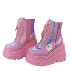 Damen Hochformatige Plateau-Schnürstiefel mit Kunstleder und reflektierenden Akzenten R&B