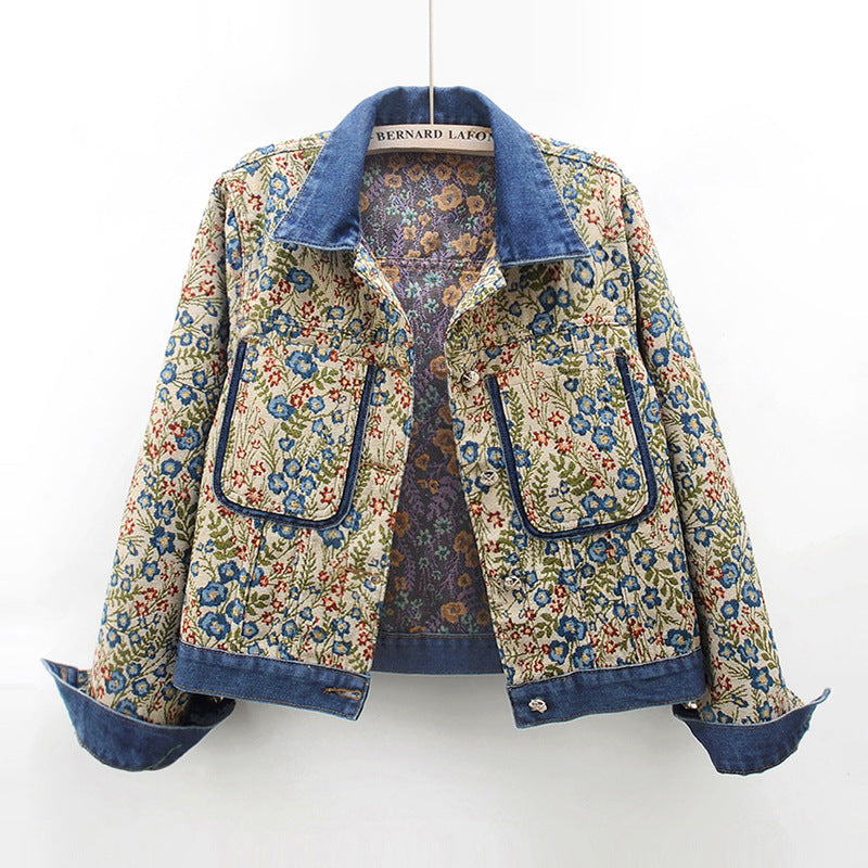 Damen Blumenmuster Denimjacke mit aufgesetzten Taschen und Kragen R&B