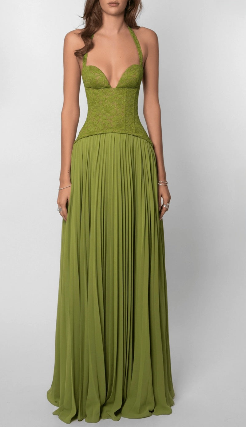 Damen nan Neckholder-Korsettkleid mit Spitzen-Corsage und fließendem Plisseerock R&B