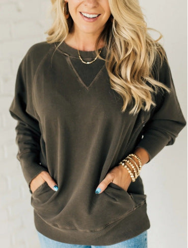Damen lässiger V-Ausschnitt Sweatshirt mit Raglanärmeln und seitlichen Taschen R&B