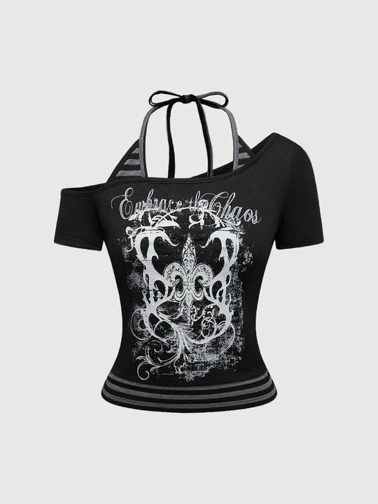 Damen Off-Shoulder Top mit grafischem Design R&B