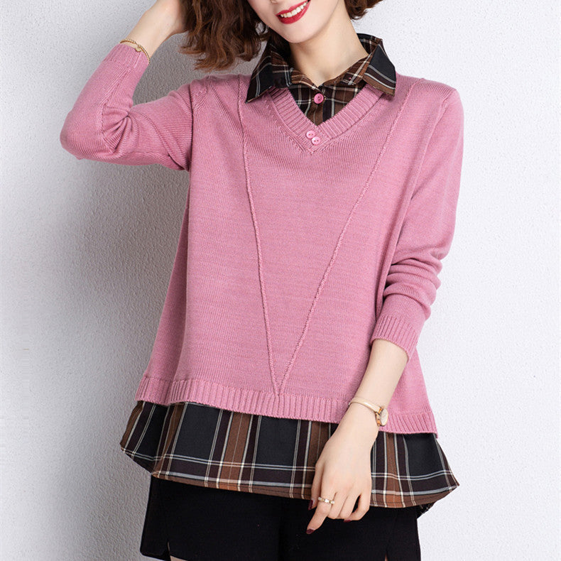 Damen Layered Strickpullover mit V-Ausschnitt und trendy Hemdbluse R&B