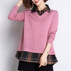 Damen Layered Strickpullover mit V-Ausschnitt und trendy Hemdbluse R&B