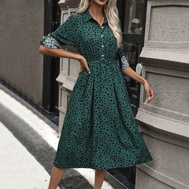 Damen Midi-Kleid mit punktiertem Muster und tailliertem Gürtel R&B