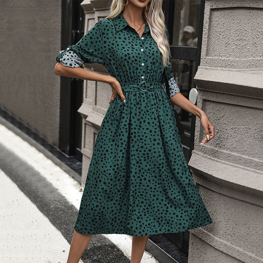 Damen Midi-Kleid mit punktiertem Muster und tailliertem Gürtel R&B