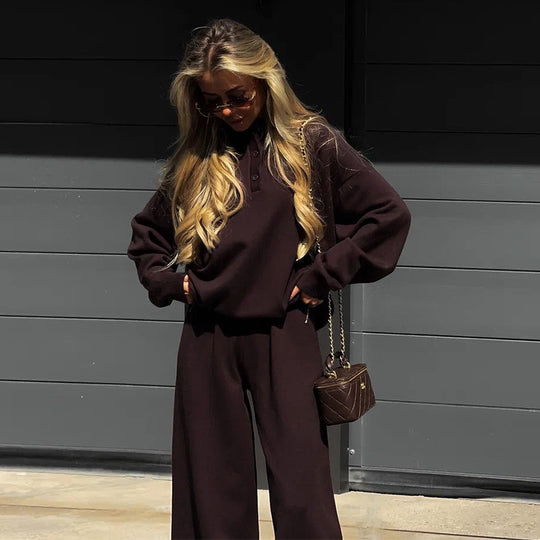 Damen Loungewear-Kombination mit lockerem Poloshirt und weitem Hosen R&B
