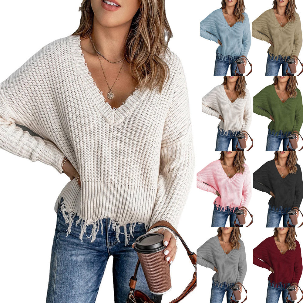 Damen Lässiger Strickpullover mit V-Ausschnitt und fransigem Saum R&B