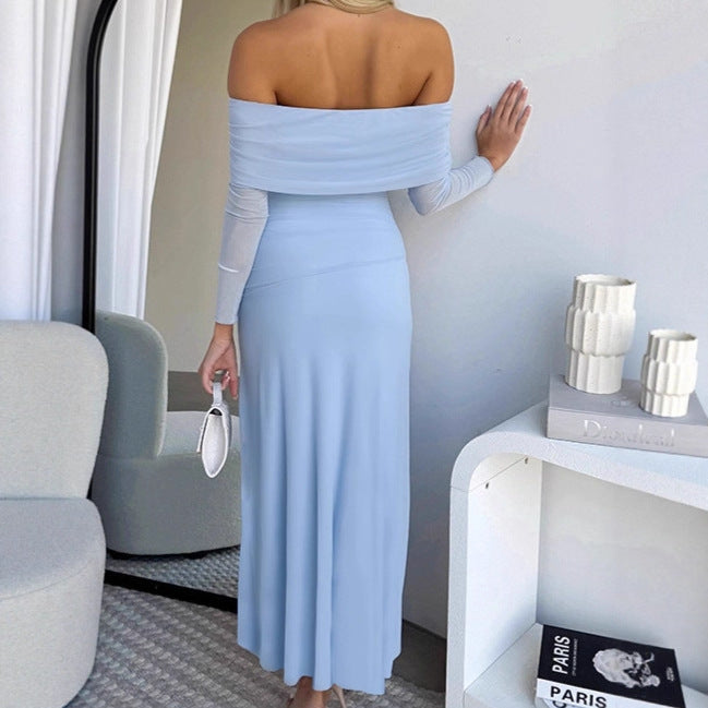 Damen Schickes Maxikleid mit schulterfreiem Design und seitlichem Schlitz R&B