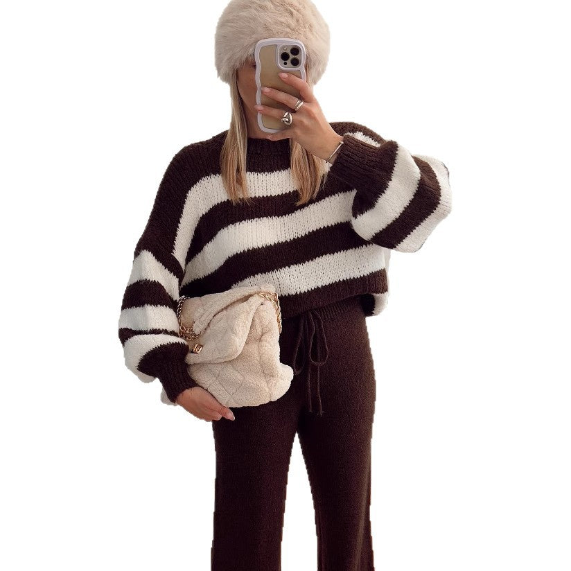Damen modischer Cropped Pullover mit einzigartigem Streifenmuster und weit geschnittenen Ärmeln R&B