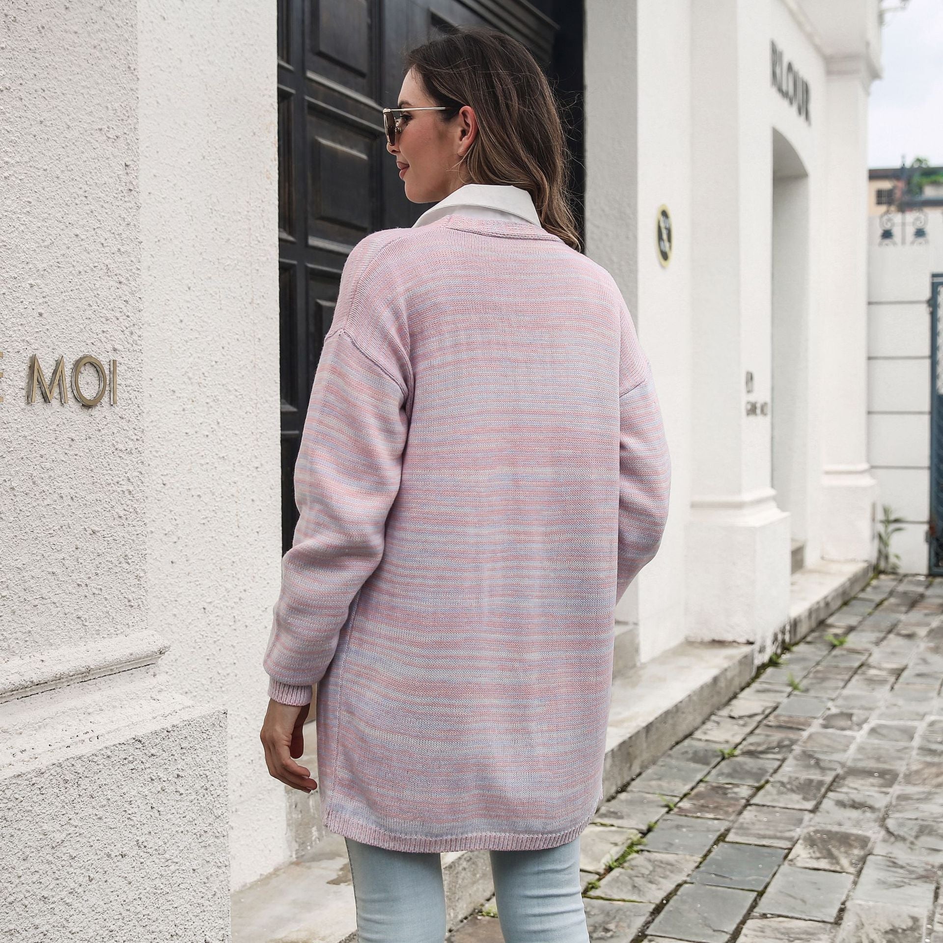 Damen lockere Strickjacke mit modischem Streifenmuster R&B