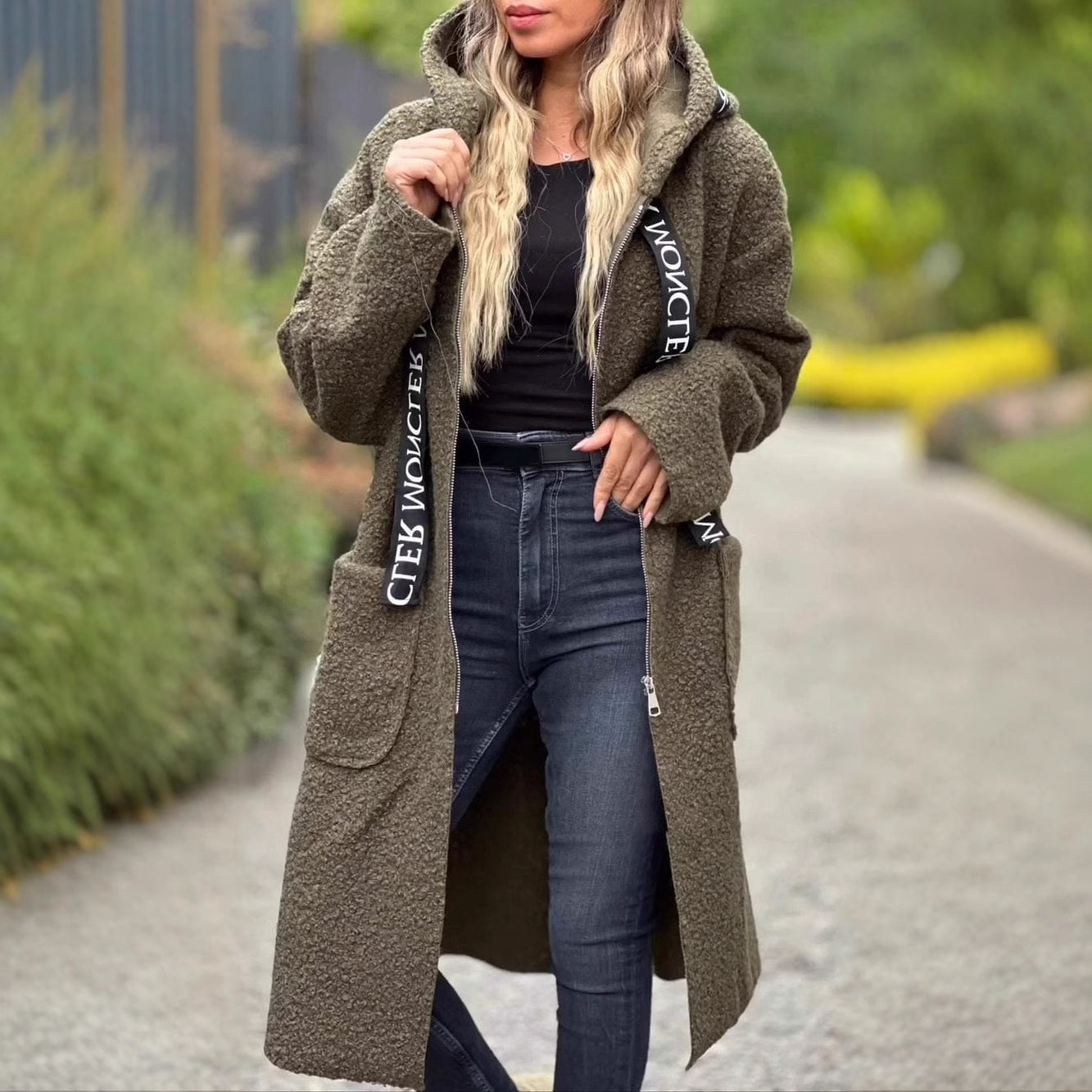Damen Modischer Oversized-Fleece-Mantel mit praktischen Taschen und Kapuze R&B