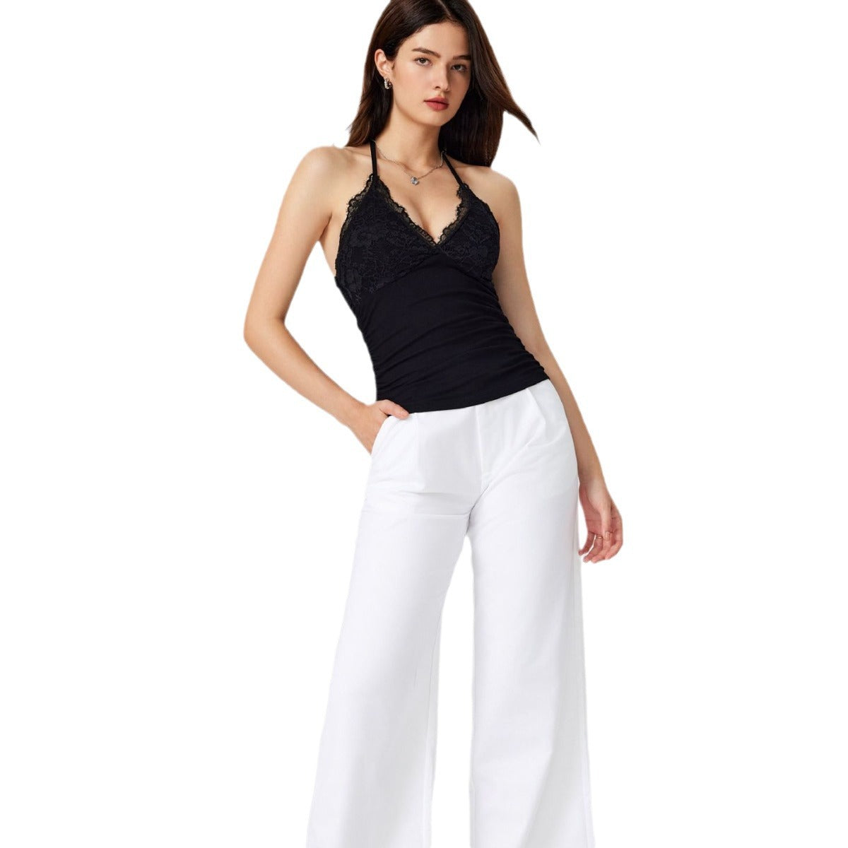 Damen Spitzen- und Jersey-Top mit raffiniertem Ausschnitt und verstellbaren Trägern R&B
