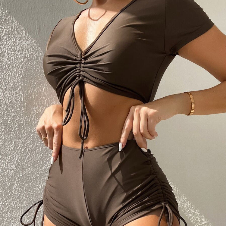 Damen Crop-Top Bikini-Set mit verstellbaren Rüschen und hoch tailliertem Slip R&B