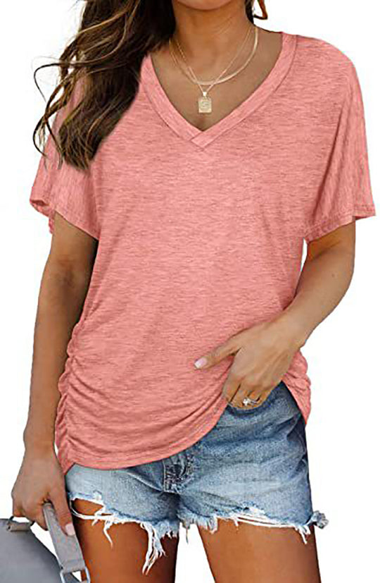 Damen V-Ausschnitt T-Shirt mit dekorativem Raffungseffekt R&B
