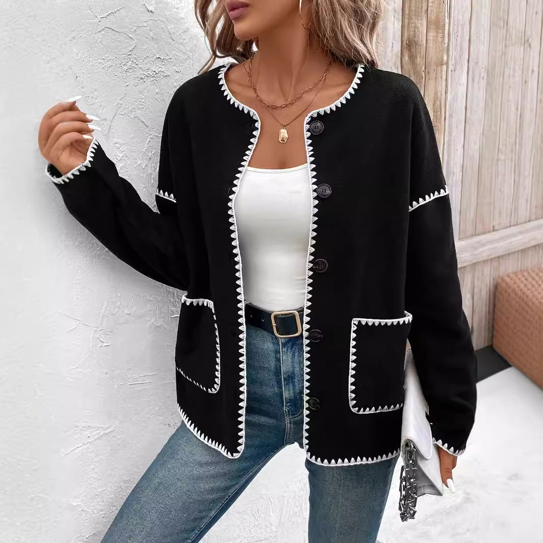 Damen modische Strickjacke mit dekorativem Kontrastbesatz und großen Taschen R&B