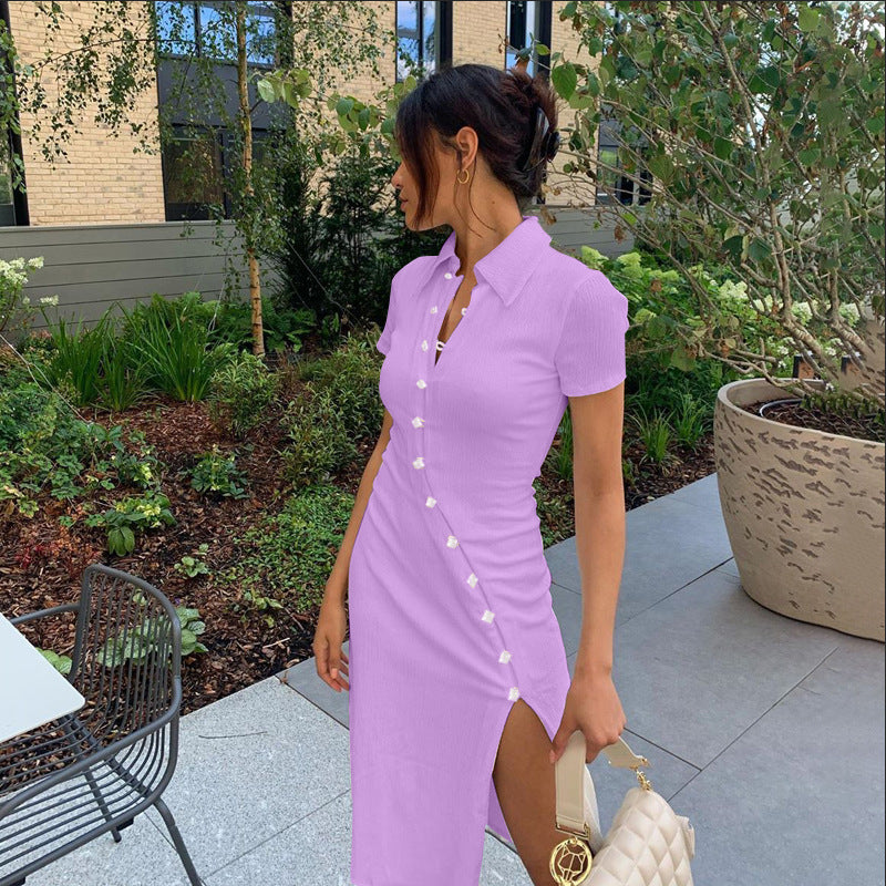 Damen Midi-Kleid mit Knopfdetail und seitlichem Schlitz R&B