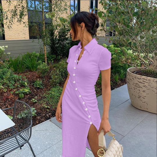 Damen Midi-Kleid mit Knopfdetail und seitlichem Schlitz R&B