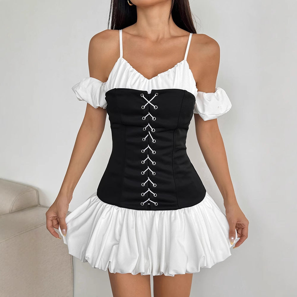 Damen Rüschenkleid mit Schnürung und abnehmbaren Trägern R&B