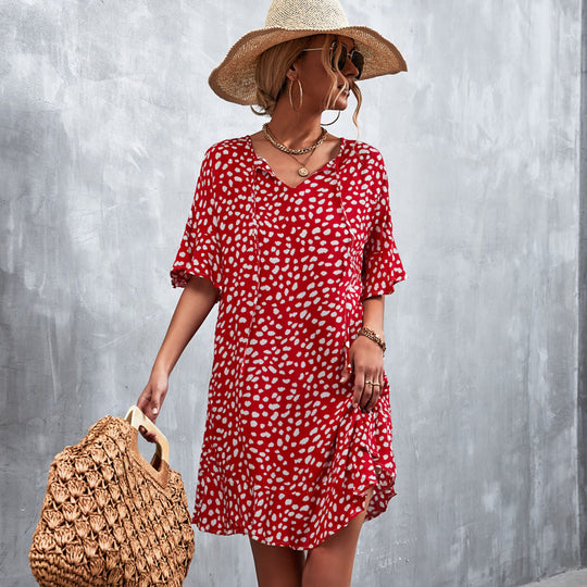 Damen lässiges V-Ausschnitt Sommerkleid mit voluminösen Ärmeln R&B