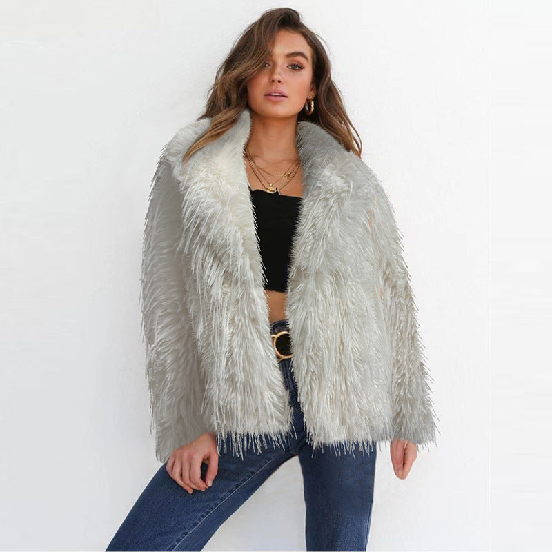 Damen Eleganter Kunstfellblazer mit breitem Kragen R&B