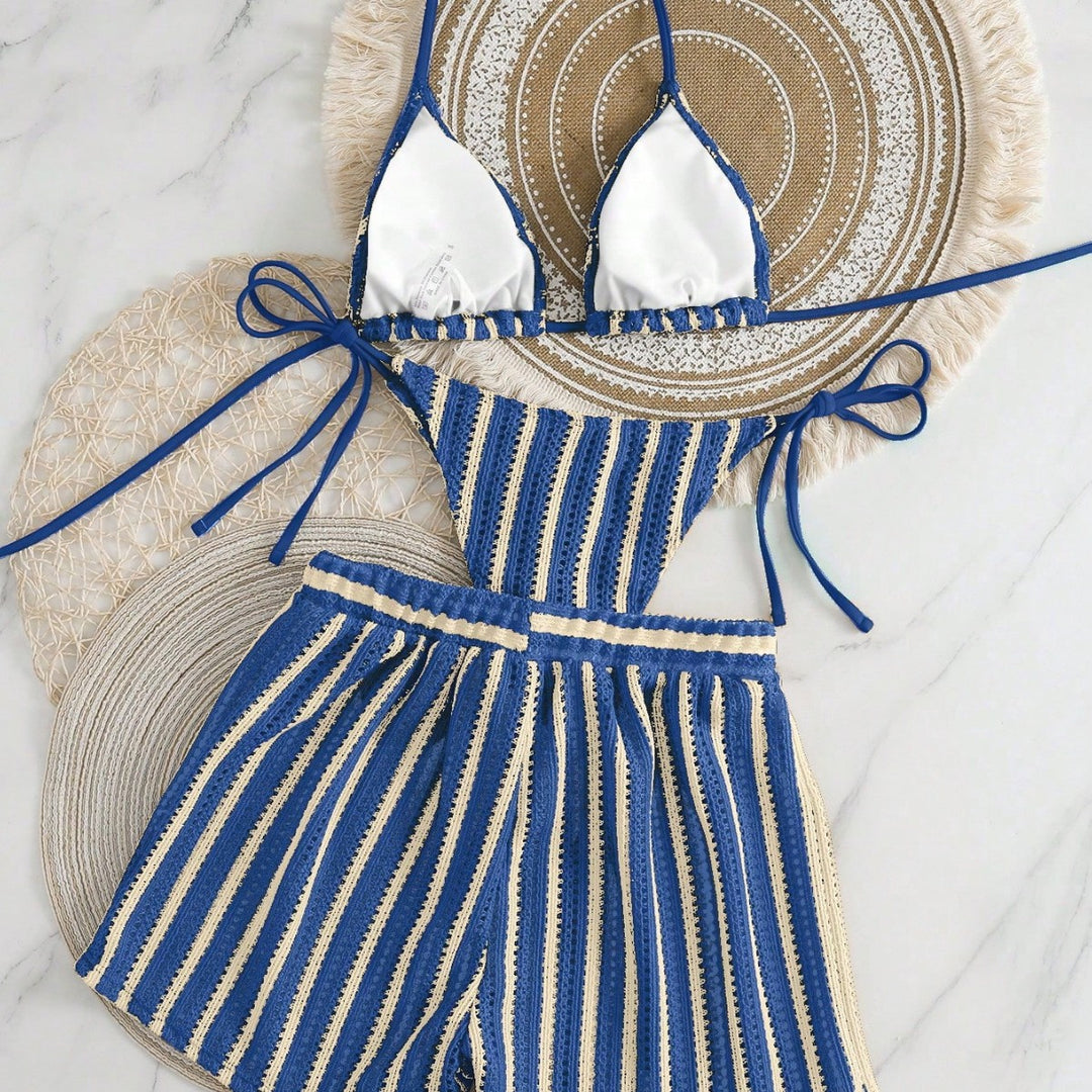 Damen Bikini-Set mit gerafftem Oberteil und hoch taillierten Shorts R&B