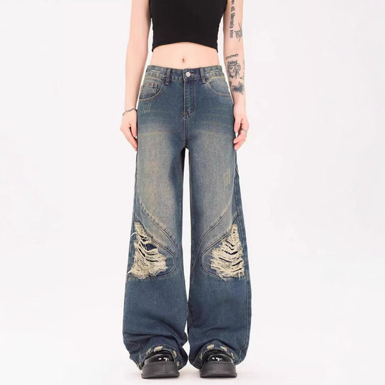 Damen Weite Jeans mit ausgefranstem Design und modischen Rissdetails R&B