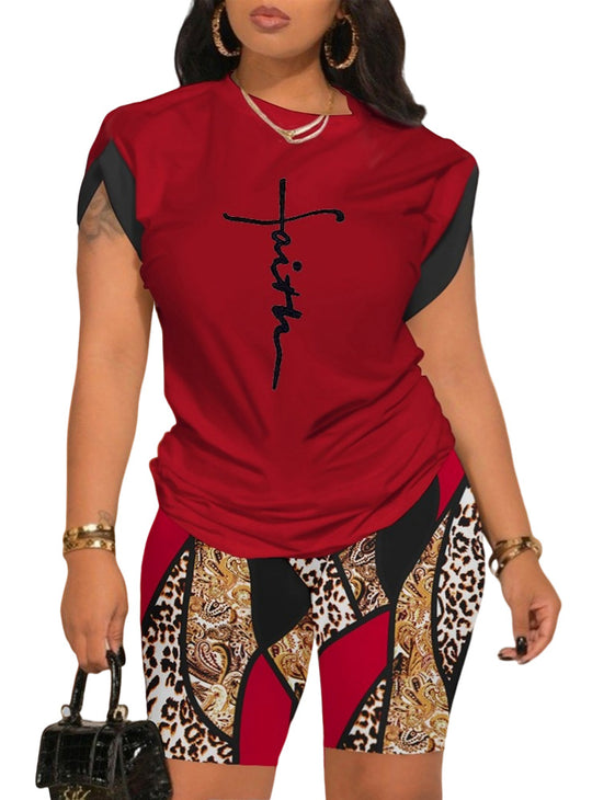 Damen Sport-Set mit inspirierendem Schriftzug und modischem Muster R&B