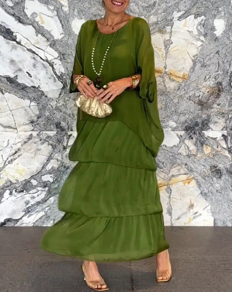 Damen nan bodenlanges Stufenkleid mit weiten Fledermausärmeln und lockerer Silhouette R&B