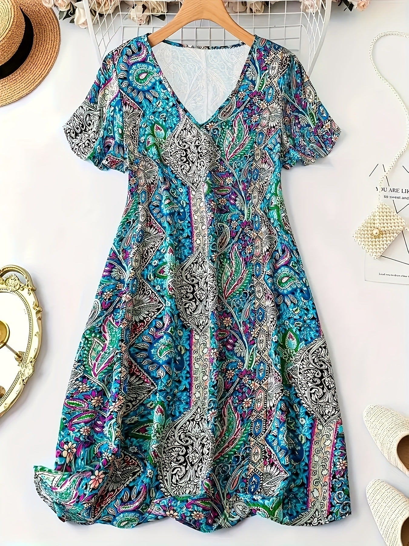 Damen Maxikleid mit V-Ausschnitt und buntem Paisleymuster R&B