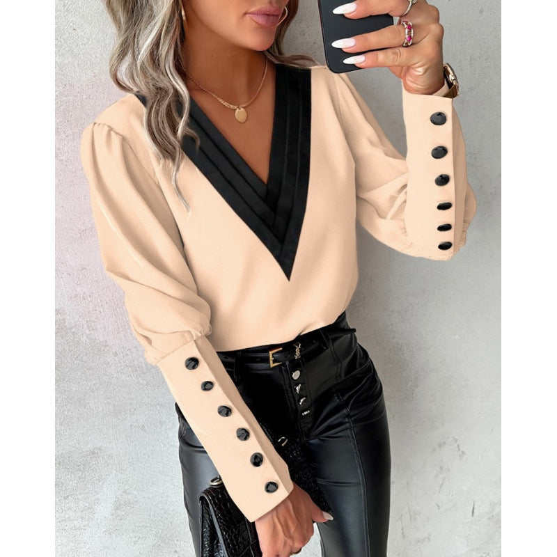 Damen Bluse mit V-Ausschnitt und eleganten Puffärmeln R&B