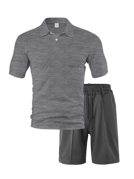 Herren nan zweiteiliges Sommer-Reise-Set mit texturiertem Kurzarm-Poloshirt und funktionalen Mesh-Shorts R&B