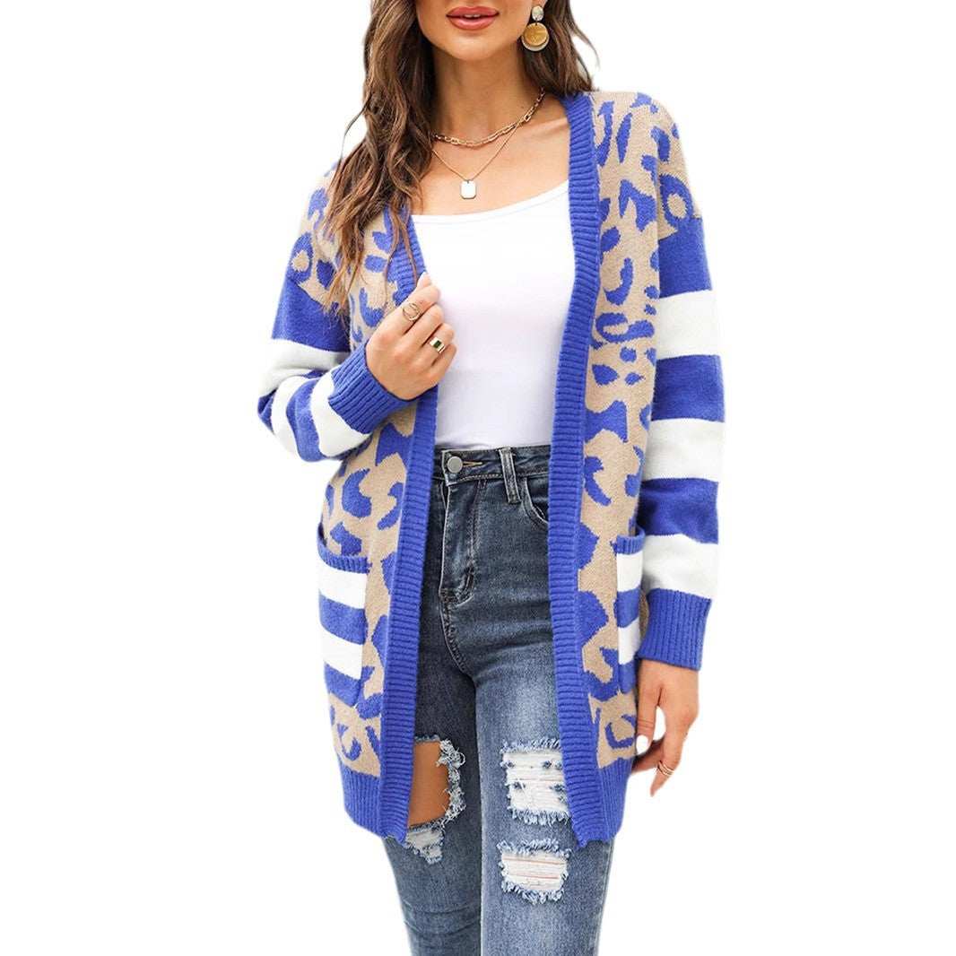 Damen lässige Strickjacke mit leopardenmuster und modernen Streifen R&B