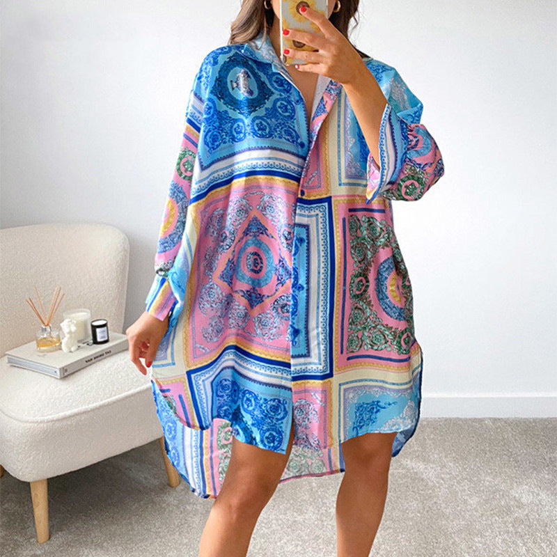 Damen stylisches Oversized-Hemdkleid mit buntem Muster und weit geschnittenen Ärmeln R&B