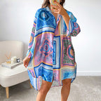 Damen stylisches Oversized-Hemdkleid mit buntem Muster und weit geschnittenen Ärmeln R&B