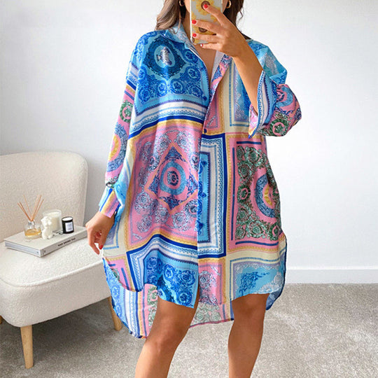 Damen stylisches Oversized-Hemdkleid mit buntem Muster und weit geschnittenen Ärmeln R&B