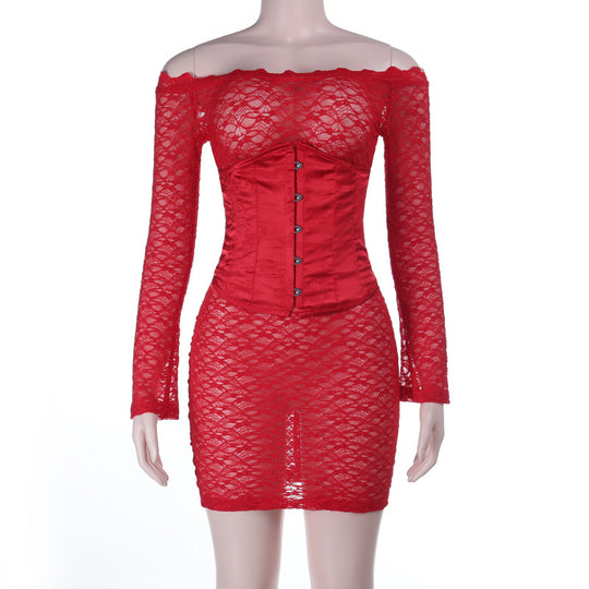 Damen figurbetontes Spitzenkleid mit schulterfreiem Design und raffinierten Details R&B