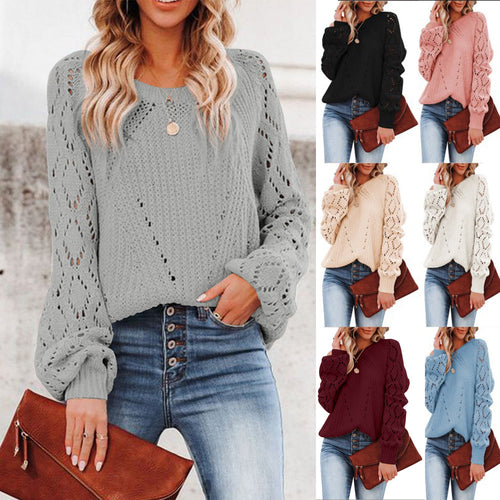 Damen Grobstrickpullover mit V-Ausschnitt und luftigen Ärmelöffnungen R&B