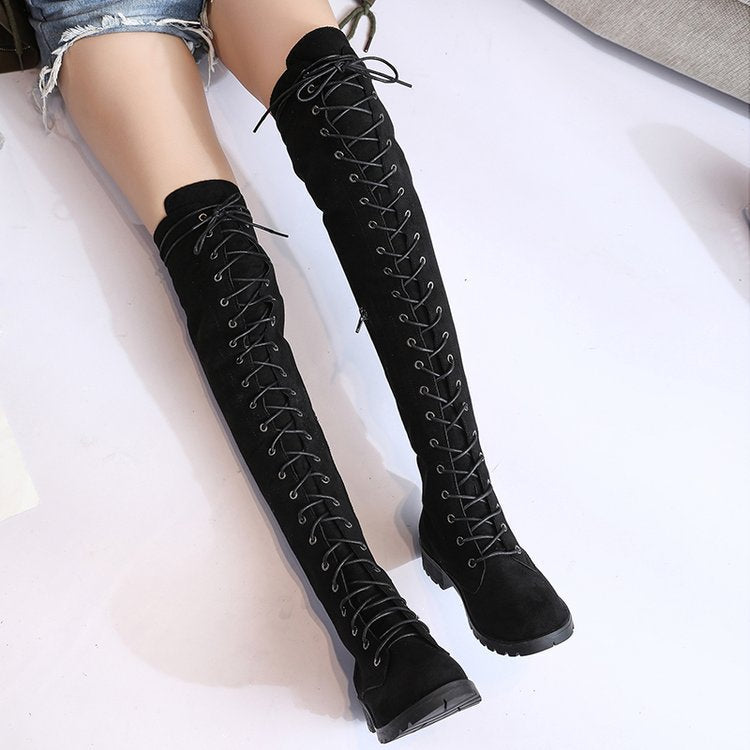 Damen Überknee-Stiefel mit modischem Schnür-Design und robustem Profil R&B