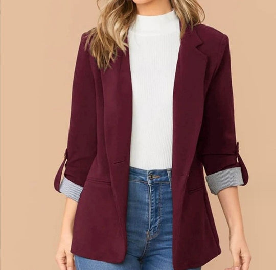 Damen stilvolle und vielseitige Blazerjacke mit umgeschlagenen Ärmeln R&B