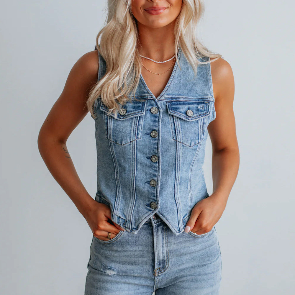 Damen Denim Weste mit Knopfleiste und modernen Schnittrahmen R&B