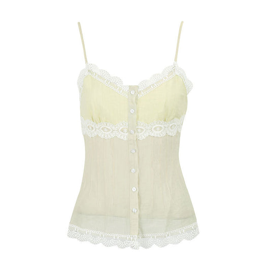 Damen Spaghettiträger Bluse mit Spitzenakzenten und Knopfdetail R&B