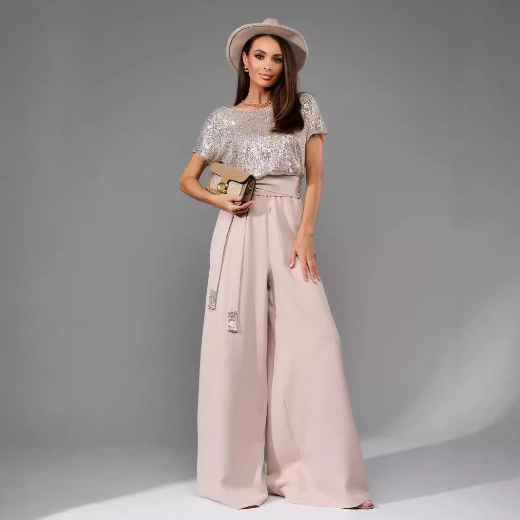 Damen Glitzernder Jumpsuit mit weitem Bein und Taillengürtel R&B