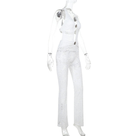 Damen Jumpsuit mit elegantem Spitzendetail und tiefem V-Ausschnitt R&B