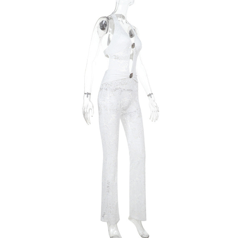 Damen Jumpsuit mit elegantem Spitzendetail und tiefem V-Ausschnitt R&B
