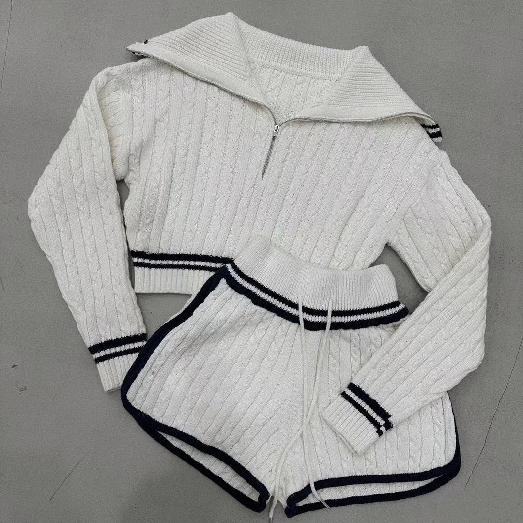 Damen Cropped Strickpullover mit hohem Kragen und Shorts im Set R&B
