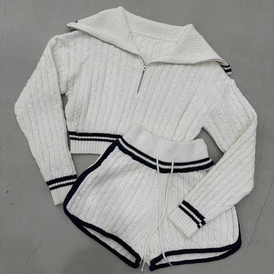 Damen Cropped Strickpullover mit hohem Kragen und Shorts im Set R&B