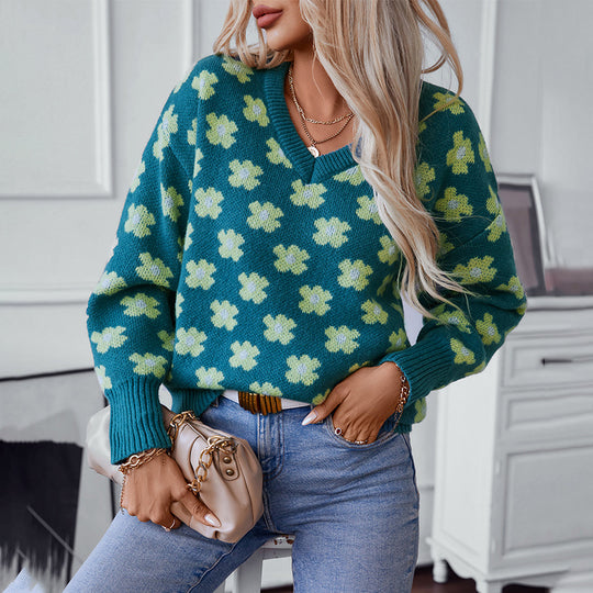 Damen Strickpullover mit floralem Muster und V-Ausschnitt R&B