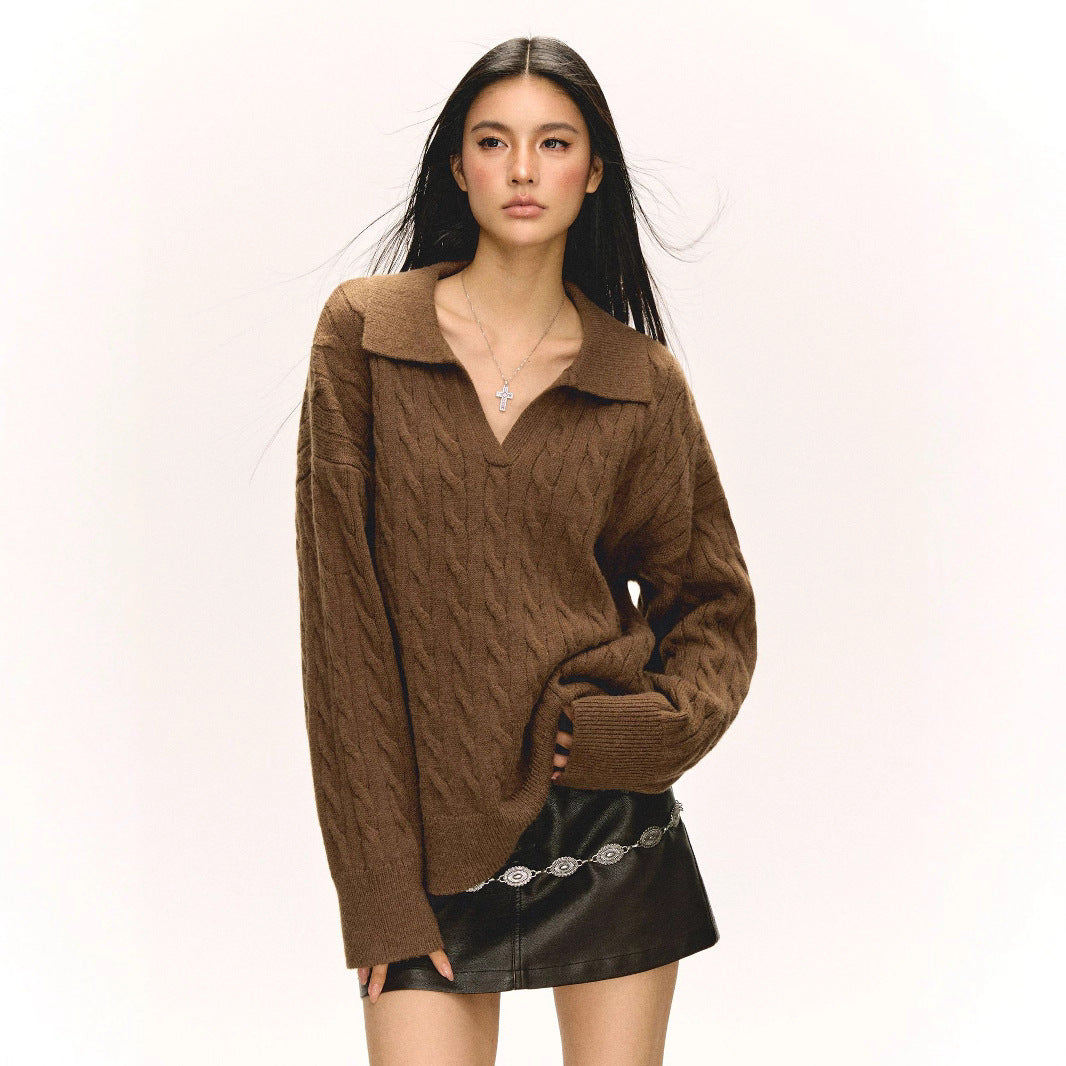 Damen Grob gestrickter Pullover mit V-Ausschnitt und Kragen R&B