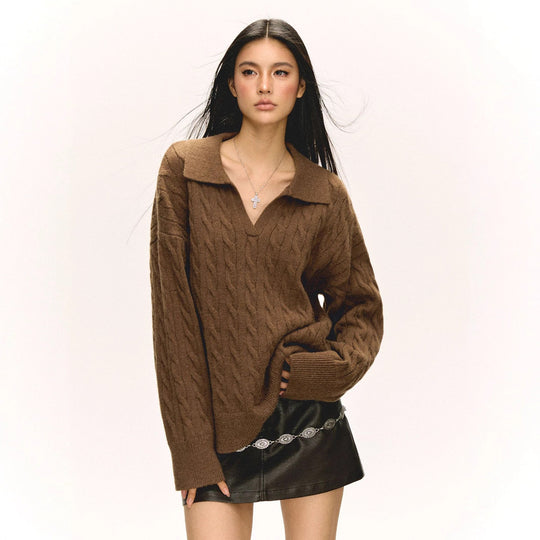 Damen Grob gestrickter Pullover mit V-Ausschnitt und Kragen R&B