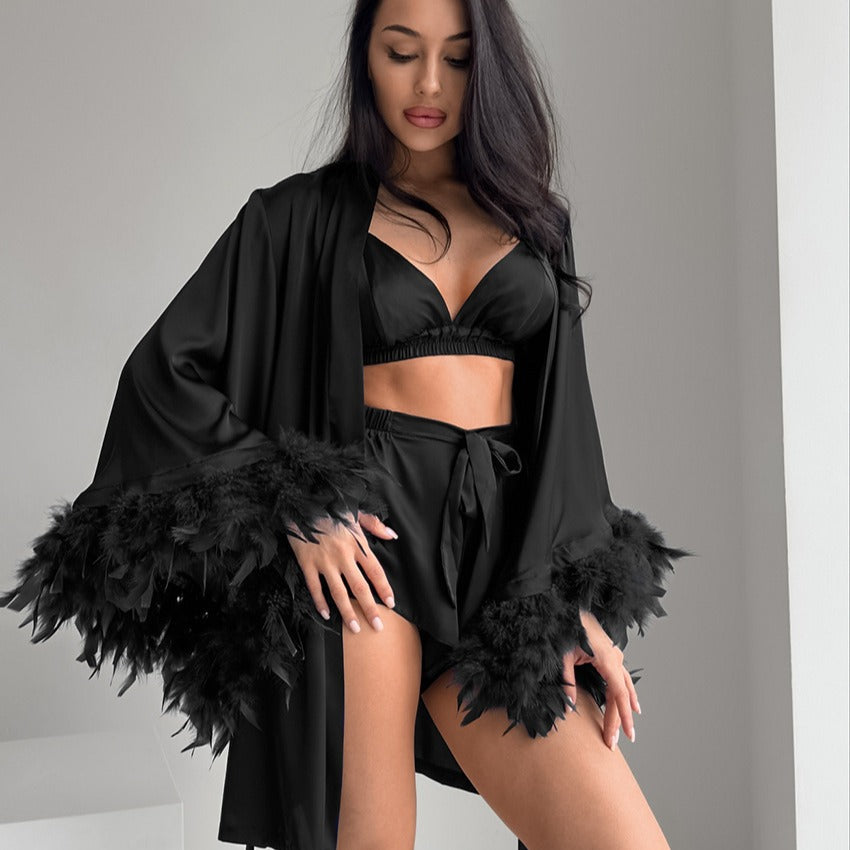 Damen Satin Kimono mit Federn R&B